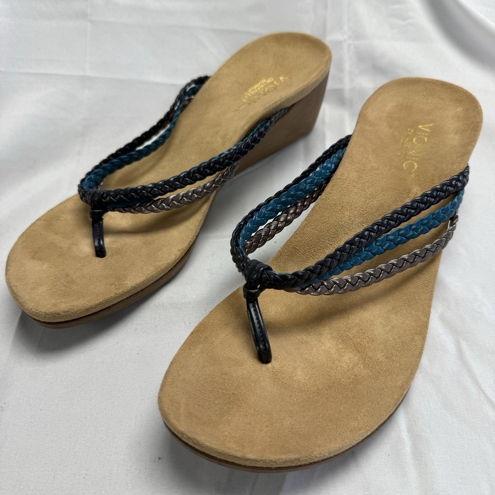 Vionic Womens 10 Ramba Thong Sandals Wood Heels Three‎ Braids Metallic